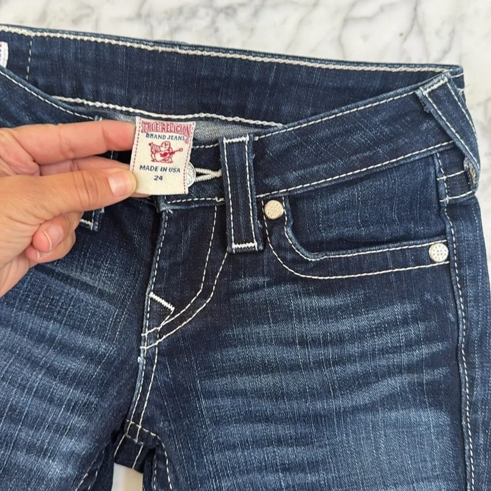NWOT True Religion Becky Womens Size 24 Bling Blue Denim Jeans Button Pocket